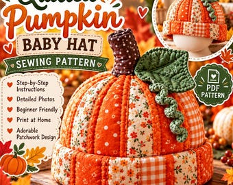 Puede incluir: Un patrón de costura para gorro de bebé con forma de calabaza acolchada, con diseño de patchwork en telas naranjas, blancas y florales. El gorro tiene un tallo marrón con puntos y una hoja verde. Texto: Quilted Pumpkin Baby Hat.