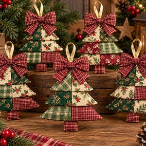 May include: Five fabric Christmas tree ornaments featuring a patchwork design of red, green, and cream patterns. Each tree is topped with a matching plaid fabric bow and a gold ribbon loop for hanging. The ornaments have a quilted, padded texture.