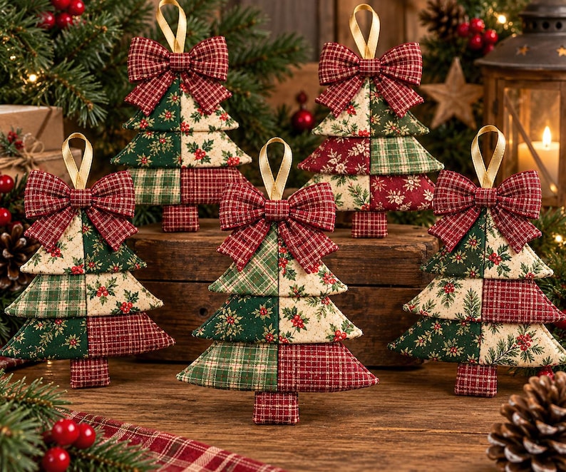 May include: Five fabric Christmas tree ornaments featuring a patchwork design of red, green, and cream patterns. Each tree is topped with a matching plaid fabric bow and a gold ribbon loop for hanging. The ornaments have a quilted, padded texture.