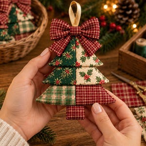 May include: A fabric Christmas tree ornament featuring a patchwork design of green and cream holly patterns, red plaid, and green plaid sections. The ornament is topped with a red plaid fabric bow and a small beige ribbon loop for hanging.