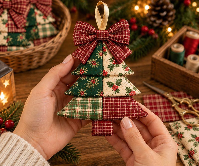 May include: A fabric Christmas tree ornament featuring a patchwork design of green and cream holly patterns, red plaid, and green plaid sections. The ornament is topped with a red plaid fabric bow and a small beige ribbon loop for hanging.