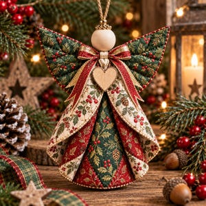 May include: A quilted fabric angel ornament featuring a wooden bead head and a heart-shaped wooden pendant. The wings and dress are crafted from green and cream fabric with a red berry and pine needle print, accented by a red and gold ribbon bow.