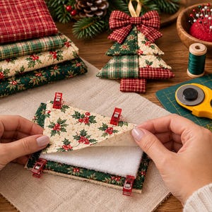 May include: A stack of folded festive fabrics with holly and tartan patterns, a quilted fabric Christmas tree ornament, a wooden bowl with pins, spools of thread, and a yellow rotary cutter. A triangular fabric piece is held with red clips.