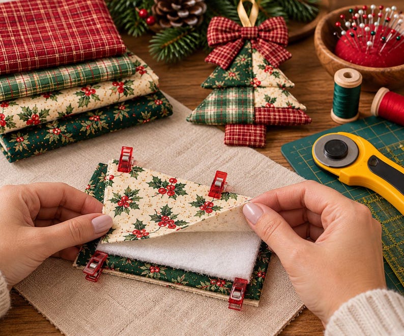 May include: A stack of folded festive fabrics with holly and tartan patterns, a quilted fabric Christmas tree ornament, a wooden bowl with pins, spools of thread, and a yellow rotary cutter. A triangular fabric piece is held with red clips.