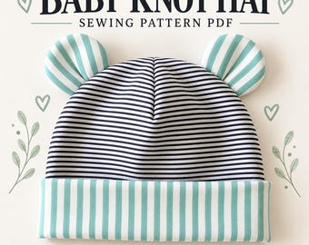 Puede incluir: Un patrón de costura en PDF para gorro de nudo para bebé con rayas horizontales negras y blancas, un puño ancho con rayas verticales en color verde azulado y blanco, y dos orejas redondeadas. El texto dice BABY KNOT HAT SEWING PATTERN PDF INSTANT DOWNLOAD.