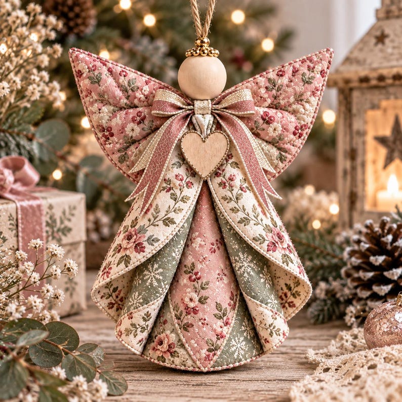 May include: A quilted fabric angel ornament featuring a floral pattern in shades of pink, cream, and sage green. The angel has a smooth wooden bead head, a central wooden heart accent, and a decorative ribbon bow at the neck, suspended by a twine loop.
