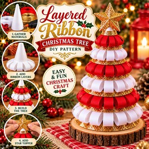 Puede incluir: Un árbol de Navidad artesanal hecho con capas de lazos rojos y blancos sobre un cono de espuma, coronado con una estrella dorada. Incluye cuatro círculos instructivos que muestran el proceso de montaje y el texto Layered Ribbon Christmas Tree.