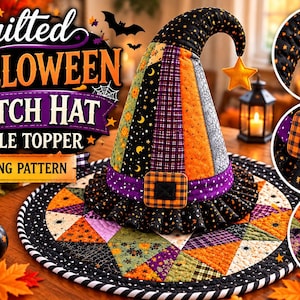 Mönster för sömnad av quiltad Halloween-häxhatt till bordsdekoration i PDF-format | Mittdekoration till häxhatt | Mönster för rund quiltad bordsmatta | Höstdekorationer