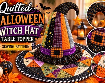 Puede incluir: Un patrón de costura para un sombrero de bruja acolchado de Halloween como centro de mesa, con un sombrero cónico de ala rizada, una hebilla a cuadros y una estrella. La base es un tapete acolchado circular con patrones geométricos en naranja, morado y negro.