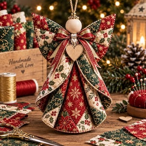 May include: A quilted fabric angel ornament featuring a red, green, and cream patchwork pattern with poinsettia, holly, and snowflake motifs. The angel has a smooth wooden bead head, a central wooden heart, and a decorative red and gold ribbon bow.