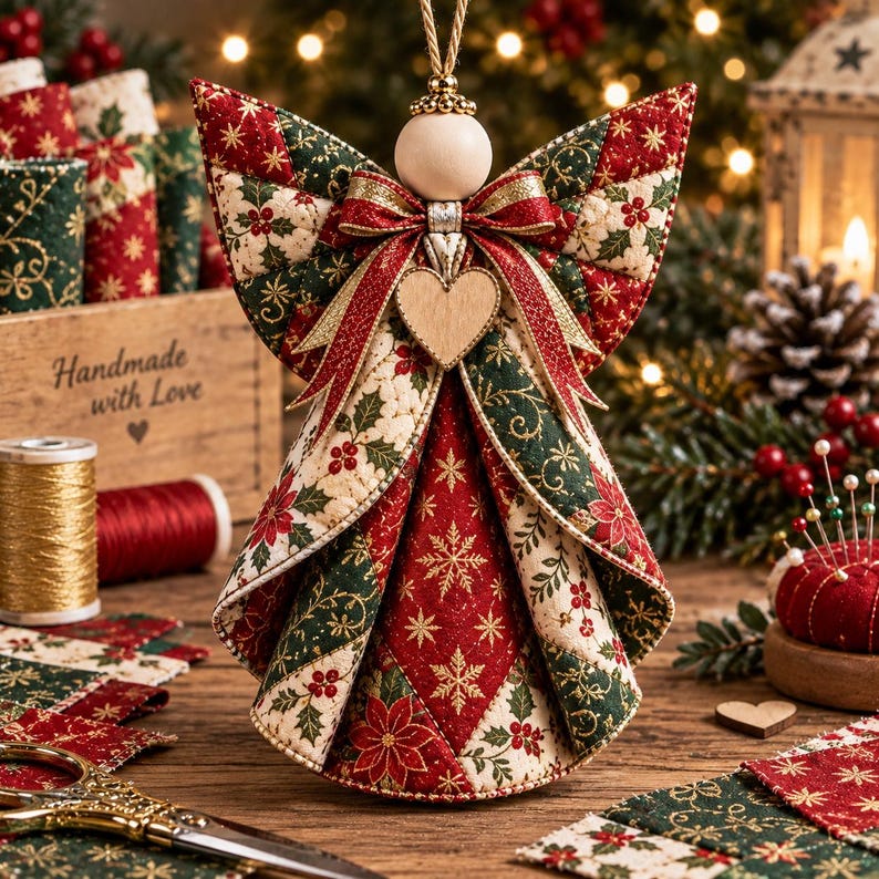 May include: A quilted fabric angel ornament featuring a red, green, and cream patchwork pattern with poinsettia, holly, and snowflake motifs. The angel has a smooth wooden bead head, a central wooden heart, and a decorative red and gold ribbon bow.