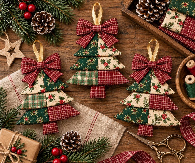 May include: Three fabric Christmas tree ornaments featuring patchwork designs in red, green, and cream with holly and plaid patterns. Each tree is topped with a matching fabric bow and a gold ribbon loop for hanging, arranged on a wooden surface.