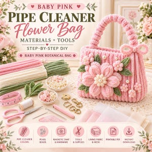 Baby Pink Pipe Cleaner Flower Bag Pattern, DIY Chenille Bag Tutorial, Floral Purse PDF, Step by Step Craft Guide, Beginner Friendly