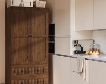 Walnut Armoire Wardrobe Closet Two Doors Drawers Hanging Rod Bedroom Storage Organizer Furniture