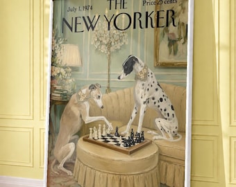 Affiche vintage de luxe New Yorker représentant des chiens jouant aux échecs, élégante affiche murale avec un whippet
