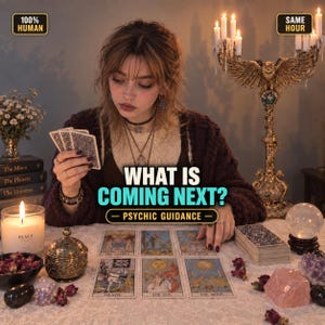 May include: A psychic reading setup featuring tarot cards laid out on a lace tablecloth. The cards include The Lovers, The Star, Death, The Sun, and The Moon. Text reads WHAT IS COMING NEXT? PSYCHIC GUIDANCE, 100% HUMAN, and SAME HOUR. Includes candles, crystals, and an owl candelabra.