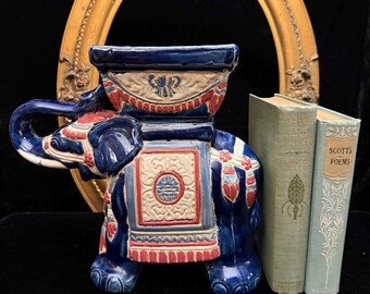 Vintage Ceramic Elephant Plant Stand, Small Cobalt Blue Chinoiserie Garden Stool, Hollywood Regency Elephant Planter Pedestal