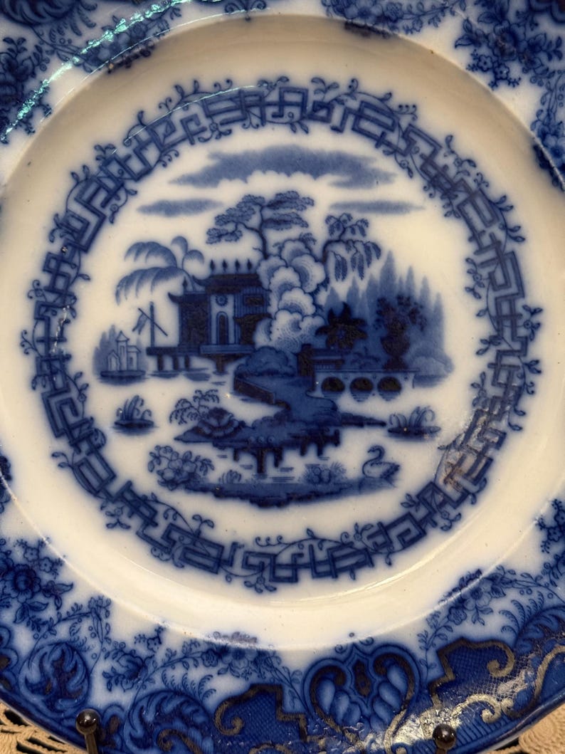 Flow Blue Plate, Java Pattern, Bishop and Stonier England, Blue and White Chinoiserie Display Plate, AS IS condition image 2