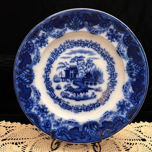 Flow Blue Plate, Java Pattern,  Bishop and Stonier England, Blue and White Chinoiserie Display Plate, AS IS condition