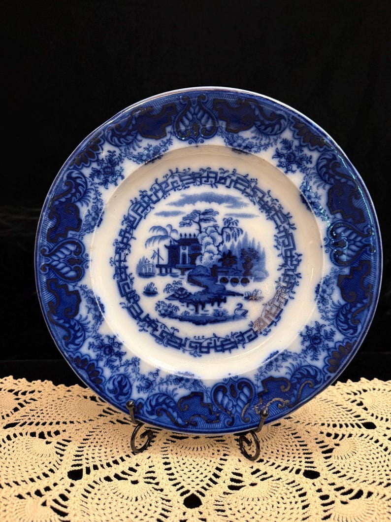 Flow Blue Plate, Java Pattern, Bishop and Stonier England, Blue and White Chinoiserie Display Plate, AS IS condition image 1