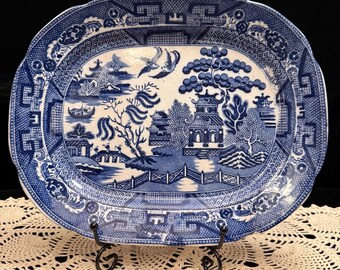 Allertons Blue Willow Platter Staffordshire England AS IS Cracked Transferware