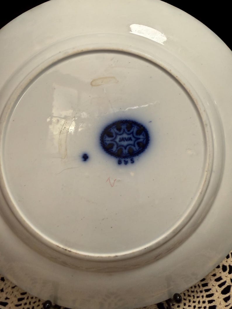 Flow Blue Plate, Java Pattern, Bishop and Stonier England, Blue and White Chinoiserie Display Plate, AS IS condition image 7