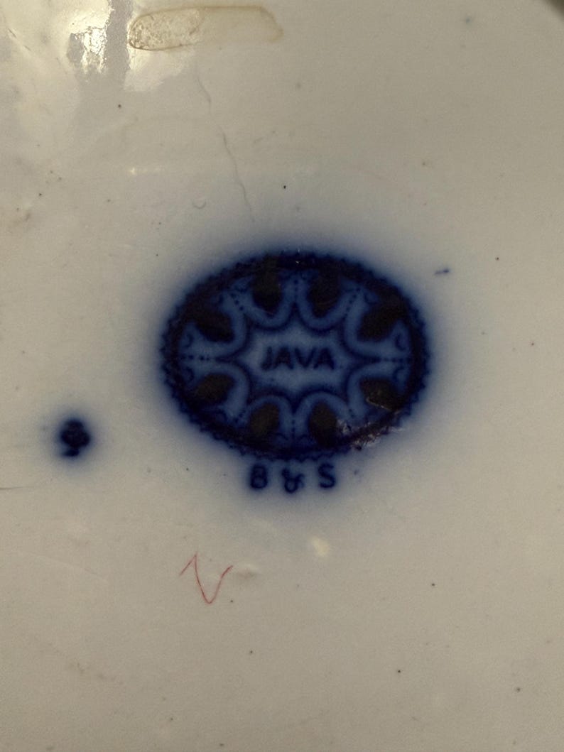 Flow Blue Plate, Java Pattern, Bishop and Stonier England, Blue and White Chinoiserie Display Plate, AS IS condition image 6
