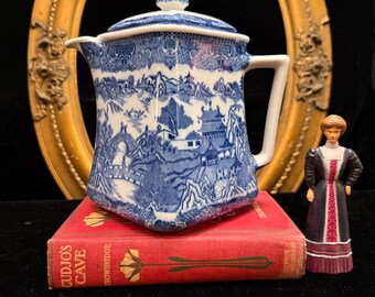 Bule Vintage Ringtons Blue Willow, Bule Quadrado Art Déco com Tampa, Newcastle Tea Merchants, Decoração Inglesa com Transferência de Cerâmica