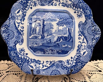 Vintage Spode Blue Italian Cake Plate, Scalloped Handled Serving Plate, Blue and White Transferware, Made in England