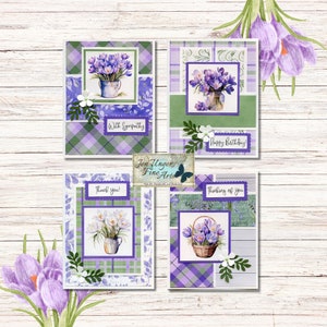 Kit de fabrication de cartes, crocus en pot. Livré avec plusieurs sentiments pour diverses occasions. Pour 4 cartes de vœux.