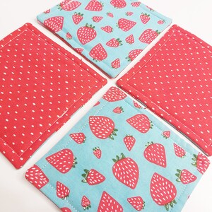 Quilted Coasters set of 4, Strawberries, Mug Rugs, Patio Drinkware, Red and Blue, Décor image 7