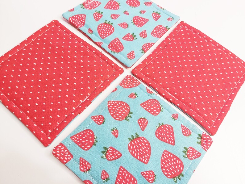 Quilted Coasters set of 4, Strawberries, Mug Rugs, Patio Drinkware, Red and Blue, Décor image 7