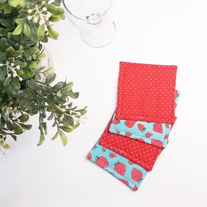 Quilted Coasters set of 4, Strawberries, Mug Rugs, Patio Drinkware, Red and Blue, Décor image 2