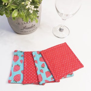 Quilted Coasters set of 4, Strawberries, Mug Rugs, Patio Drinkware, Red and Blue, Décor image 1
