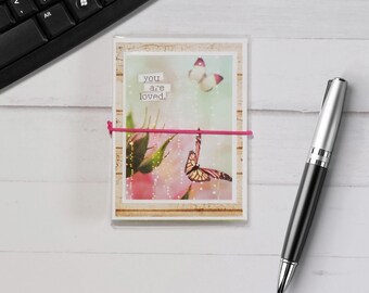 Laminated Notepad, Butterfly, You are Loved, Removable Notepad 5.25"x 3.75" Refillable Notepad Holder, Elastic Closure (SKU-LNP-0036)
