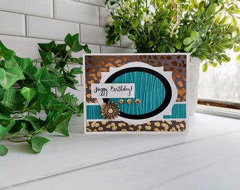 Birthday Card, Happy Birthday, Teal and Gold Cheetah Print Birthday Card, Blank Inside (SKU-CRD-0110)