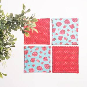 Quilted Coasters set of 4, Strawberries, Mug Rugs, Patio Drinkware, Red and Blue, Décor image 3