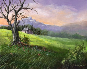 Original Painting- Quiet Countryside by Jen Unger 8 inches by 10 inches, Mountain Scene, (SKU-ART-0020)