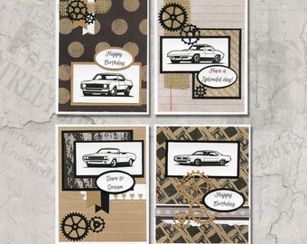 June Card Kit, Classic Cars, Comes with multiple sentiments for various occasions. Includes 4 Birthday sentiments. Makes 4 greeting cards