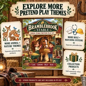 May include: A Bramblebrook Stable horse stable pretend play kit featuring an illustration of two children grooming a brown horse in a barn. The kit includes text labels for animal themes, role-matching systems, and collection products for play.