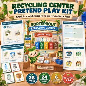 Recycling Center Dramatic Play Printable with Sort Cards and Pretend Bin Zones