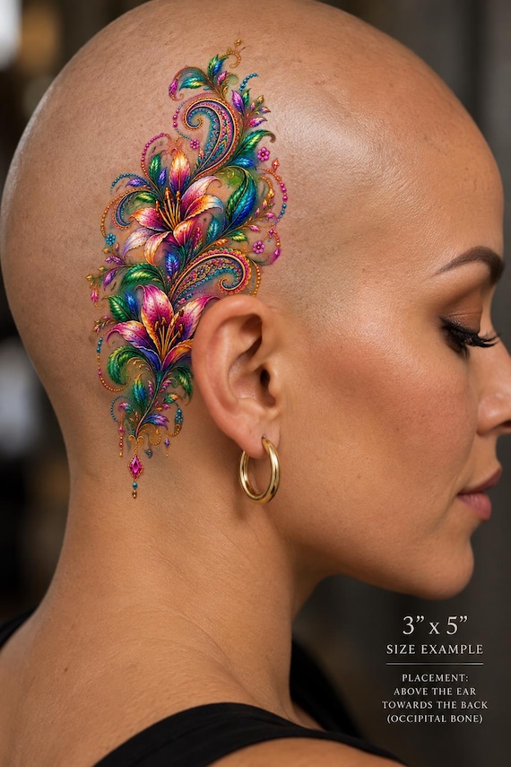 Henna-Style Floral Scalp Tattoo | Paisley Jewel Body Art (3"x4")