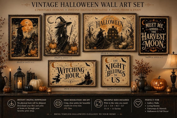 Vintage Halloween Wall Art Set | Witchy Gothic Prints (Digital Download)