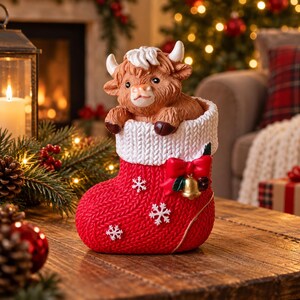 Pode incluir: Uma estatueta decorativa de um bezerro Highland castanho a espreitar de uma meia de Natal vermelha. A meia apresenta um punho de malha branca, flocos de neve brancos, um laço vermelho e um pequeno sino dourado na parte da frente.