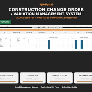 Sjabloon voor wijzigingsopdrachten in de bouw | Excel-spreadsheet voor het bijhouden van wijzigingsopdrachten | Dashboard voor wijzigingsbeheer | Projecttracker voor aannemers