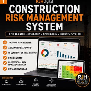 May include: A digital construction risk management system display featuring a laptop screen showing a dashboard with a risk heat map, pie chart, and line graphs. The text includes Construction Risk Management System, 300-row risk register, automated dashboard, 95 construction risks included, risk heat map, professional risk management plan, and instant download.