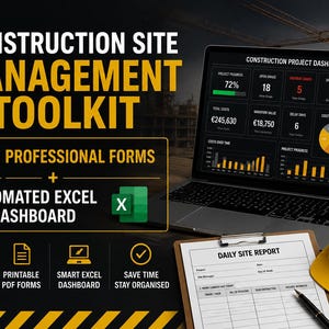 Puede incluir: Un kit de herramientas de gestión de obras con 24 formularios profesionales y un panel de control Excel automatizado. La imagen muestra un portátil con un panel de proyectos, un informe diario, un bolígrafo negro y un casco amarillo.