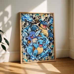 May include: A framed wall art print featuring three blue turtle-like creatures in a dynamic water-themed composition. The artwork displays a large central figure with cannons, a middle-sized creature, and a small one, all surrounded by blue water splashes, black paint splatters, and hand-drawn star and crown symbols.