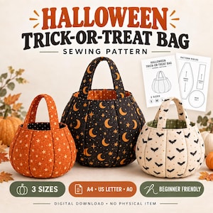 May include: Three fabric trick-or-treat bags in small, medium, and large sizes. The orange bag features a star pattern, the black bag has a moon and star print, and the cream bag displays a bat pattern. Includes a digital sewing pattern document.