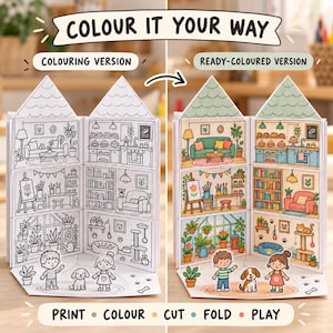 Puede incluir: Un kit de manualidades de casa de muñecas de papel con una versión en blanco y negro para colorear y una versión ya coloreada. Incluye habitaciones con muebles, dos personajes de papel y un perro. Texto: COLOUR IT YOUR WAY, PRINT, COLOUR, CUT, FOLD, PLAY.